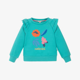 Catimini-Girls Aqua Green Cotton Logo Sweatshirt with Floral Embroidery | Childrensalon
