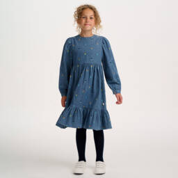 Catimini-Girls Blue Denim Dress with Embroidered Flowers | Childrensalon