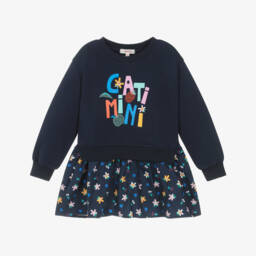 Catimini-Girls Navy Blue Cotton Floral & Fruit Sweatshirt Dress | Childrensalon