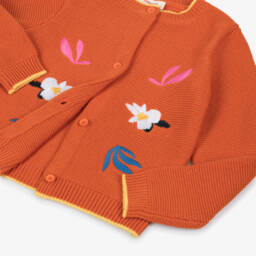Catimini-Girls Orange Cotton Knit Cardigan with Floral Embroidery | Childrensalon