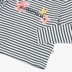 Catimini-Girls White & Navy Blue Breton Striped Top with Flowers & Logo | Childrensalon