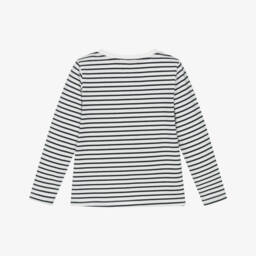 Catimini-Girls White & Navy Blue Breton Striped Top with Flowers & Logo | Childrensalon