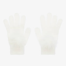 Catya-Girls Ivory Wool Knit Pom-Pom Gloves | Childrensalon