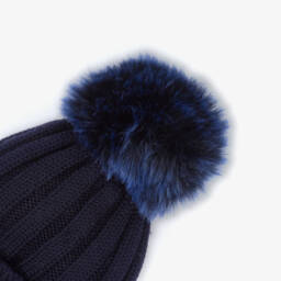 Catya-Girls Navy Blue Merino Wool Faux Fur Pom-Pom Beanie Hat | Childrensalon