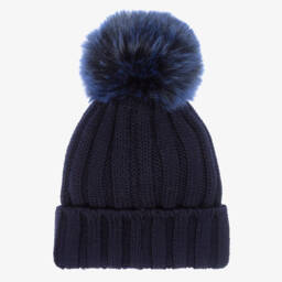Catya-Girls Navy Blue Merino Wool Faux Fur Pom-Pom Beanie Hat | Childrensalon