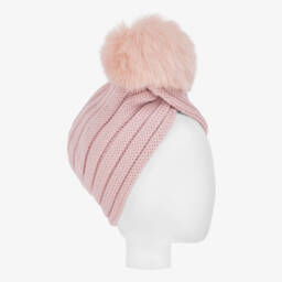 Catya-Girls Pink Merino Wool Pom-Pom Turban Hat | Childrensalon