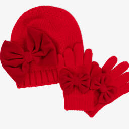 Catya-Girls Red Merino Wool Hat & Gloves Set | Childrensalon