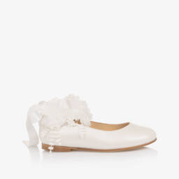 Children's Classics-Girls Ivory Leather Ballerina Shoes with Ribbon & Lace Ties | Childrensalon