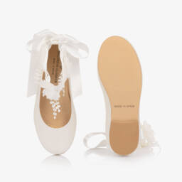 Children's Classics-Girls Ivory Leather Ballerina Shoes with Ribbon & Lace Ties | Childrensalon