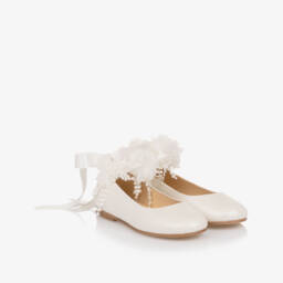Children's Classics-Girls Ivory Leather Ballerina Shoes with Ribbon & Lace Ties | Childrensalon