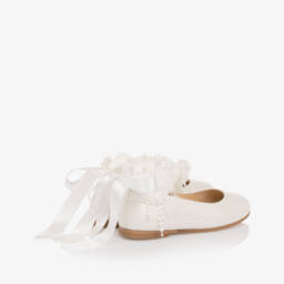 Children's Classics-Girls Ivory Leather Ballerina Shoes with Ribbon & Lace Ties | Childrensalon