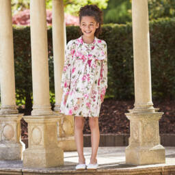 Childrensalon Occasions-Girls White & Pink Floral Crêpe Bow Dress | Childrensalon