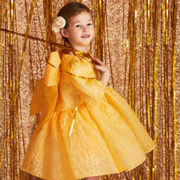 Childrensalon Occasions-Girls Yellow Jacquard Bow Dress | Childrensalon