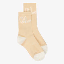 Chloé-Girls Beige Cotton & Wool Logo Roll Neck Sweater | Childrensalon