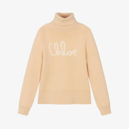 Chloé-Girls Beige Cotton & Wool Logo Roll Neck Sweater | Childrensalon