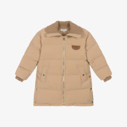 Chloé-Girls Beige Down-Padded Puffer Coat with Knitted Trims | Childrensalon