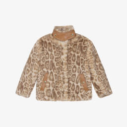 Chloé-Girls Beige Leopard Faux Fur Jacket | Childrensalon