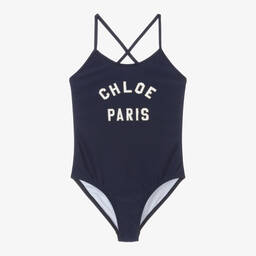 Chloé-Girls Blue Logo Print Swimsuit | Childrensalon