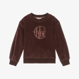 Chloé-Girls Bordeaux Pink Cotton Velour Sweatshirt with Circular Logo | Childrensalon