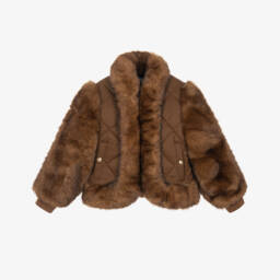Girls Brown Quilted Jacket with Faux Fur