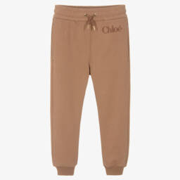 Girls Caramel Brown Cotton Joggers with Flocked Logo