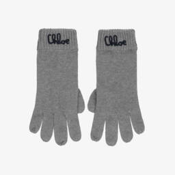 Girls Grey Knitted Gloves with Embroidered Logo