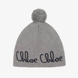 Chloé-Girls Grey Knitted Hat with Navy Blue Chloé Logo | Childrensalon