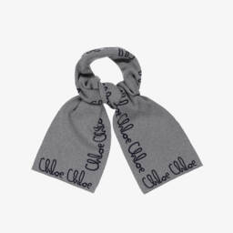 Girls Grey Knitted Scarf with Navy Blue Chloé Logo