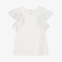 Chloé-Girls Ivory Cotton Ruffle Sleeve T-Shirt | Childrensalon