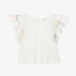 Chloé-Girls Ivory Cotton Ruffle T-Shirt | Childrensalon