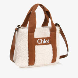 Chloé-Girls Ivory & Tan Brown Sherpa Fleece Bag (29cm) | Childrensalon