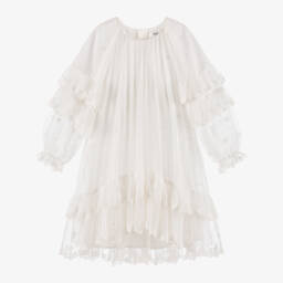 Chloé-Girls Off-White Floral Embroidered Tulle Ruffle Dress | Childrensalon
