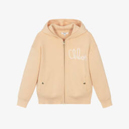 Girls Peach Pink Cotton & Wool Knit Zip-Up Logo Top