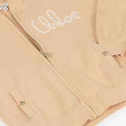 Chloé-Girls Peach Pink Cotton & Wool Knit Zip-Up Logo Top | Childrensalon
