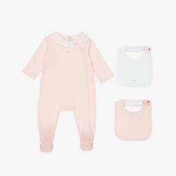 Chloé-Girls Pink Cotton Babygrow & Bib Set | Childrensalon