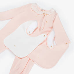 Chloé-Girls Pink Cotton Babygrow & Bib Set | Childrensalon