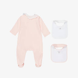 Chloé-Girls Pink Cotton Babygrow & Bib Set | Childrensalon
