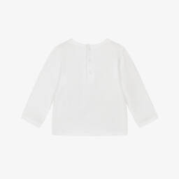 Chloé-Girls White Cotton Long-Sleeved Top with Gold Foil Logo | Childrensalon