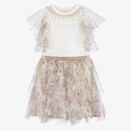 Coeur by Childrensalon-Girls Ivory & Pink Floral Tulle Skirt Set | Childrensalon