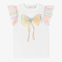 Girls White Cotton Bow T-Shirt