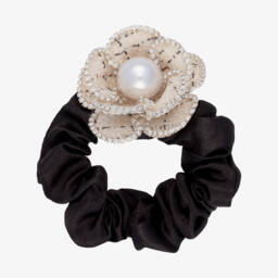 POCA & POCA-Girls Ivory & Black Textured Georgette Dress with Pearl Trim | Childrensalon