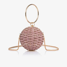 David Charles-Girls Gold & Pink Diamanté Basket Weave Ball Handbag (20cm) | Childrensalon