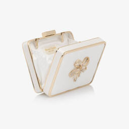 David Charles-Girls Ivory & Gold Satin Shoulder Bag with Diamanté Bow (12cm) | Childrensalon