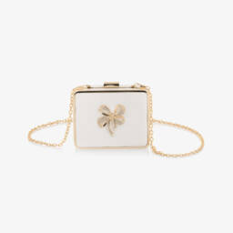 David Charles-Girls Ivory & Gold Satin Shoulder Bag with Diamanté Bow (12cm) | Childrensalon