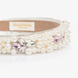 David Charles-Girls Ivory Pearl & Pink Crystal Embellished Hairband | Childrensalon