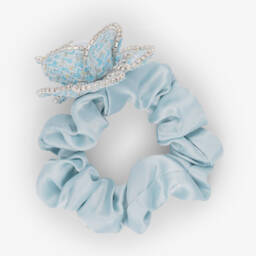 David Charles-Girls Pale Blue Satin & Diamanté Flower Hair Elastic (6cm) | Childrensalon