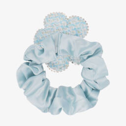 David Charles-Girls Pale Blue Satin & Diamanté Flower Hair Elastic (6cm) | Childrensalon
