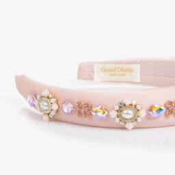 David Charles-Girls Pale Pink Padded Satin Hairband with Crystals & Pearls | Childrensalon