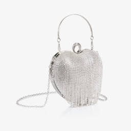 David Charles-Girls Silver Rhinestone Tassel Heart Bag (18cm) | Childrensalon