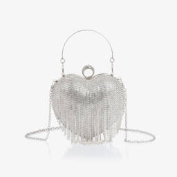David Charles-Girls Silver Rhinestone Tassel Heart Bag (18cm) | Childrensalon